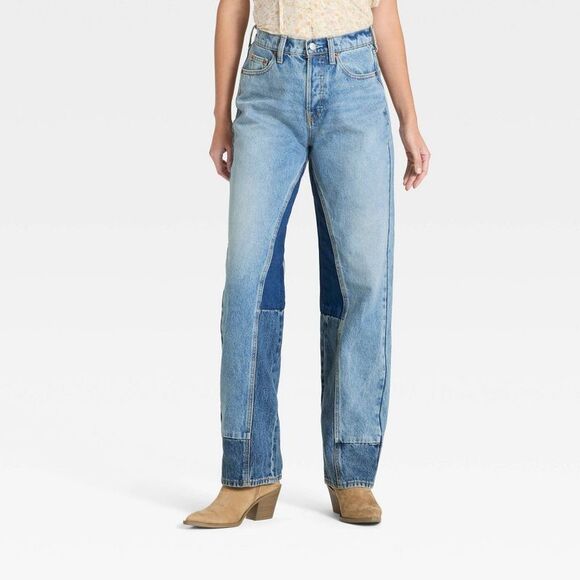 Universal Thread Pants - Women's Mid-Rise 90's Baggy Patchwork Jeans - Universal Thread Medium Wash 14